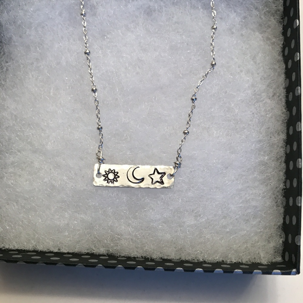 Sun moon and star bar necklace in sterling silver